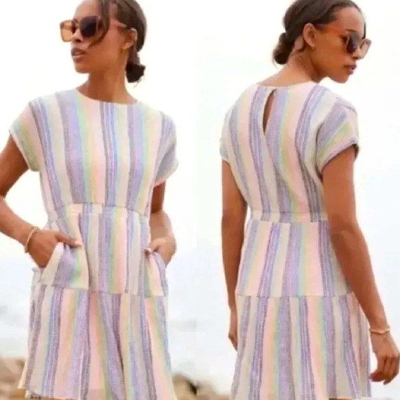 Anthropologie Dolan Left Coast Rainbow Striped Mini Dress Pockets Size Medium M - Picture 2 of 9